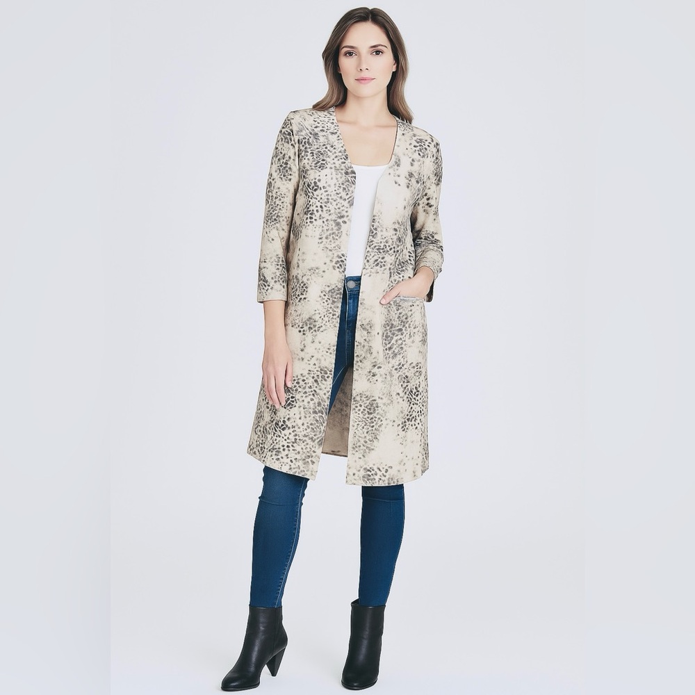 Muted Leopard Print Swirl Faux Suede Jacket Philosophy Apparel Open Front